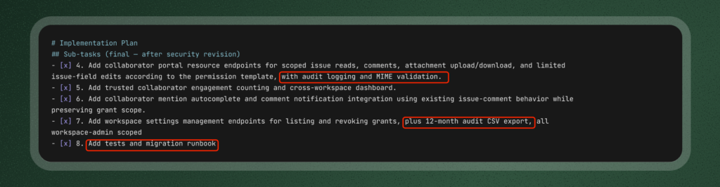 The implementation plan: audit logging, the 12-month audit CSV export, and tests booked as completed sub-tasks