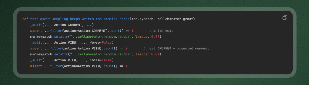 The test: certifies that a sampled read logs nothing, locking the blind spot in as intended behavior.