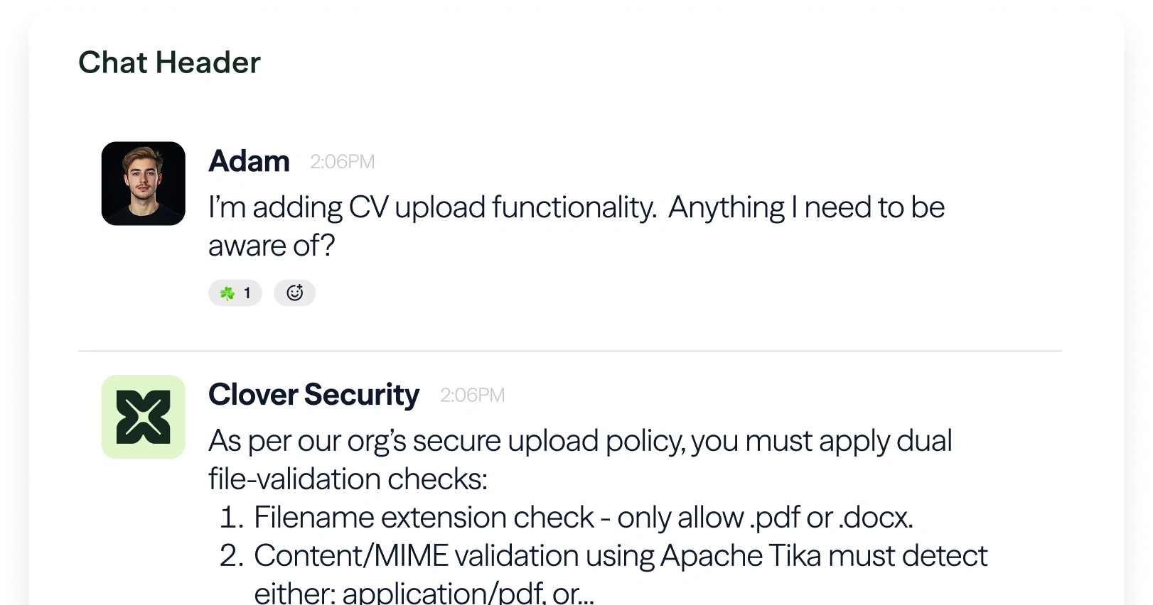 Clover Security IMs in Slack and Teams